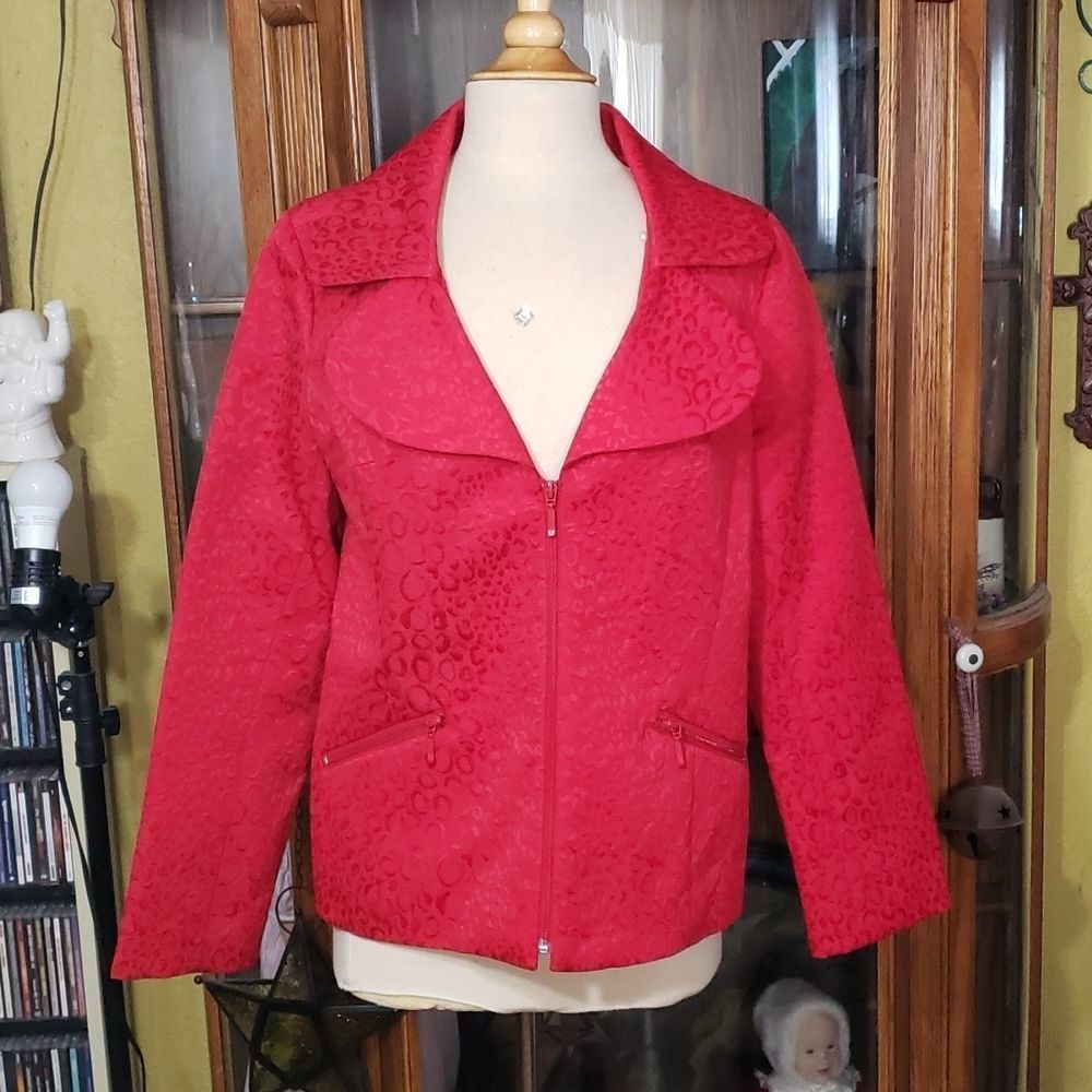 RED LAURA ASHLEY BROCADE CAREER JACKET SIZE L
